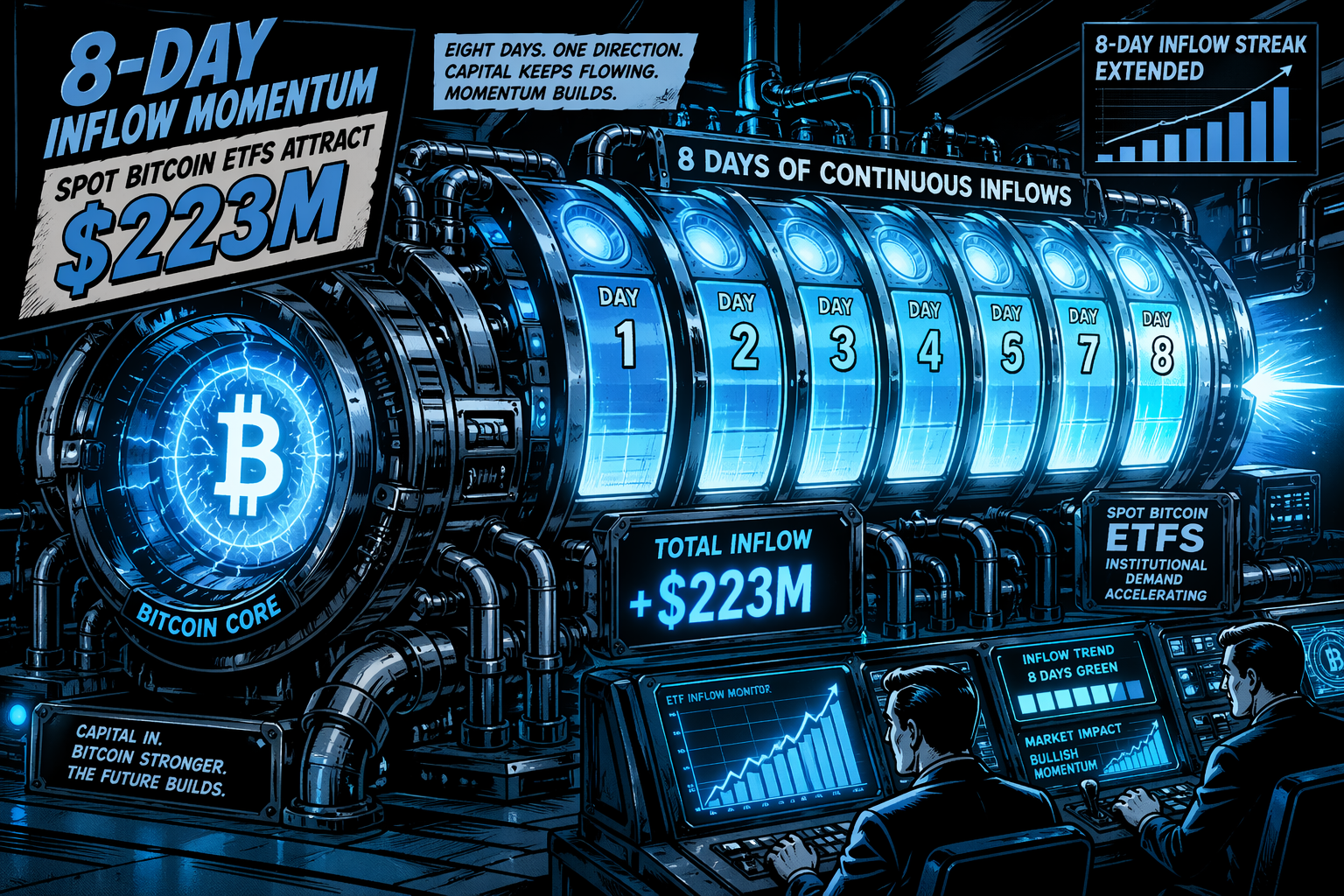 Spot-Bitcoin-ETF’s trekken $223 miljoen aan, verlengen 8-daagse instroommomentum